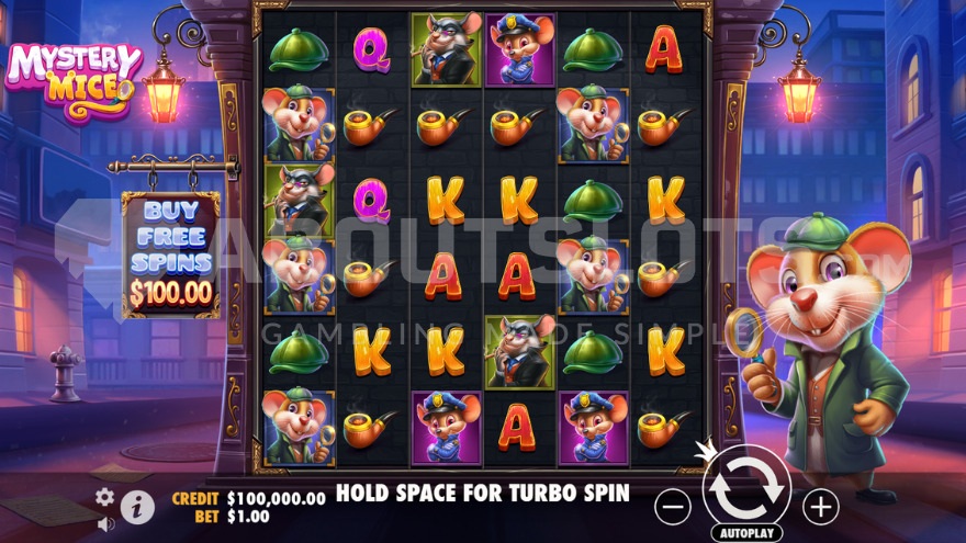 Detective mouse standing to the right of the game reels