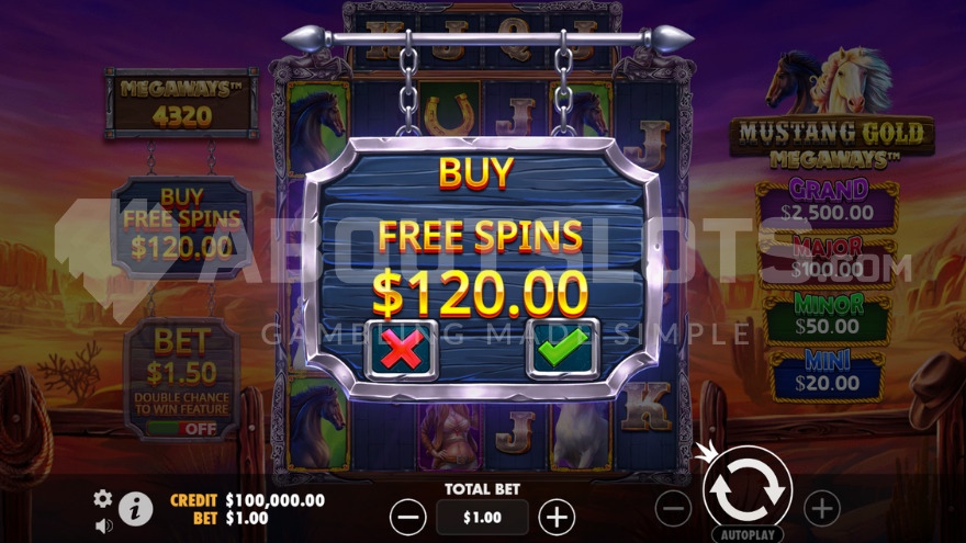 Bonus buy option for 120X stake in Mustang Gold Megaways