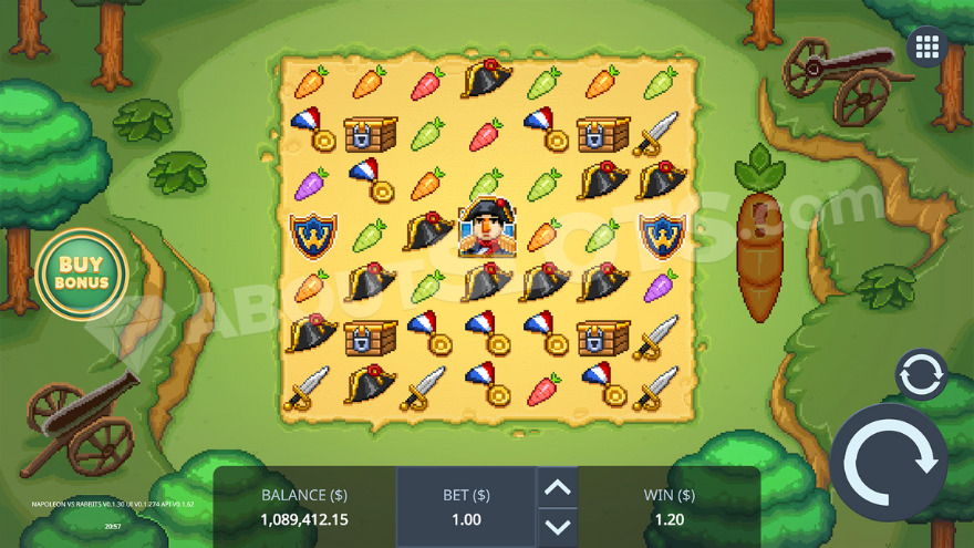 Napoleon vs Rabbits slot main game screen with 8-bit graphics