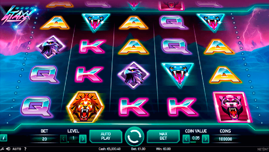 Neon Staxx slot overview showing the futuristic neon game interface