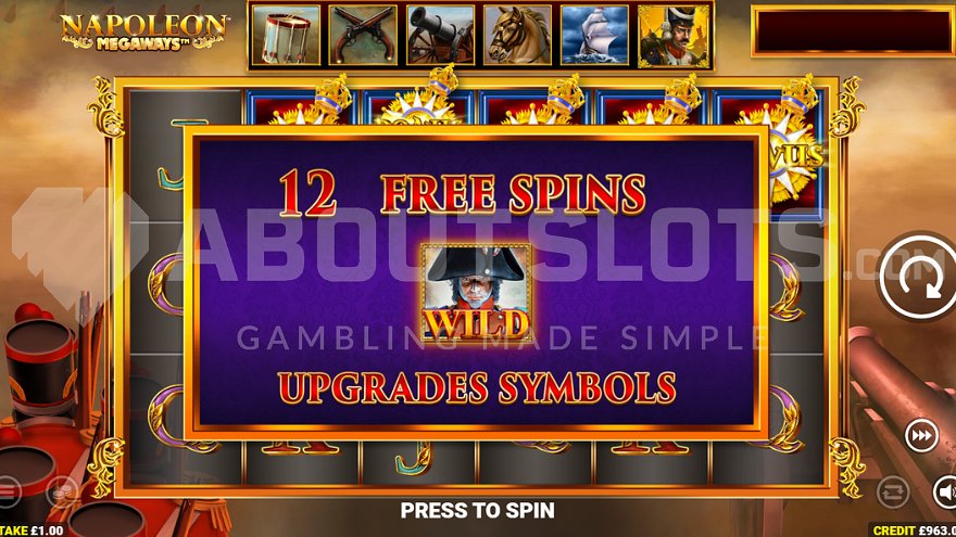 Screen showing 12 free spins award notification in Napoleon Megaways