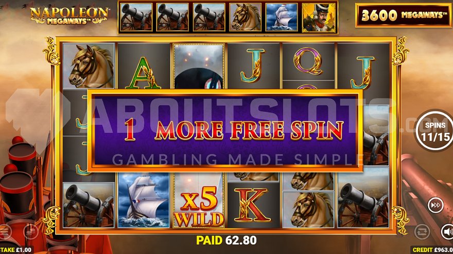 Wild symbol on third reel granting additional free spin in Napoleon Megaways