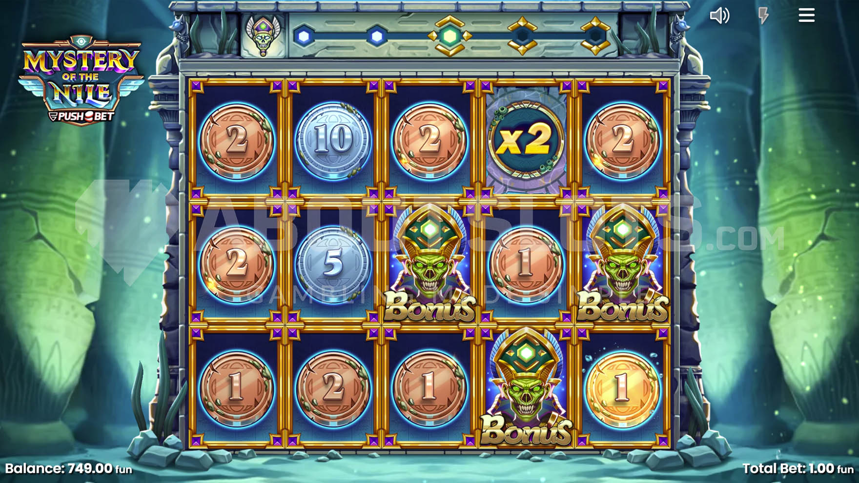 Pharaoh Reveal feature in action, covering all 5 reels with multiple instant prizes, x2 multiplier and 3 Bonus Symbols
