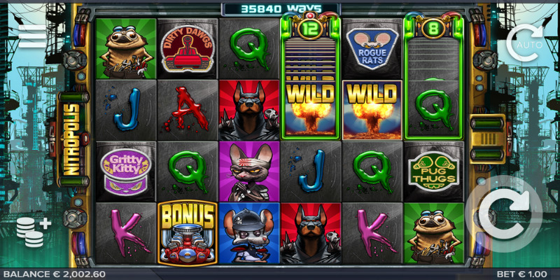 Nitropolis slot game interface showing all four rival gangs and Nitro reels