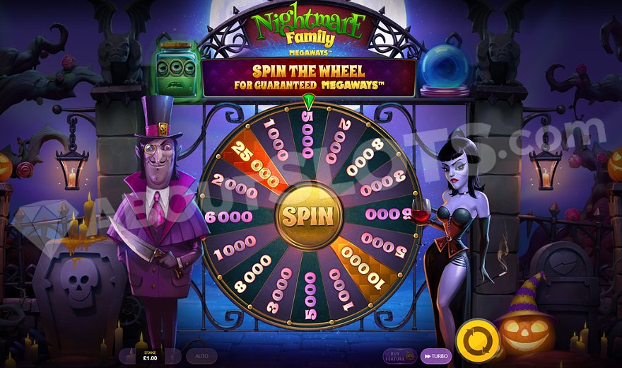 Wheel with number segments ranging from 1,000 to 25,000 ways to win.