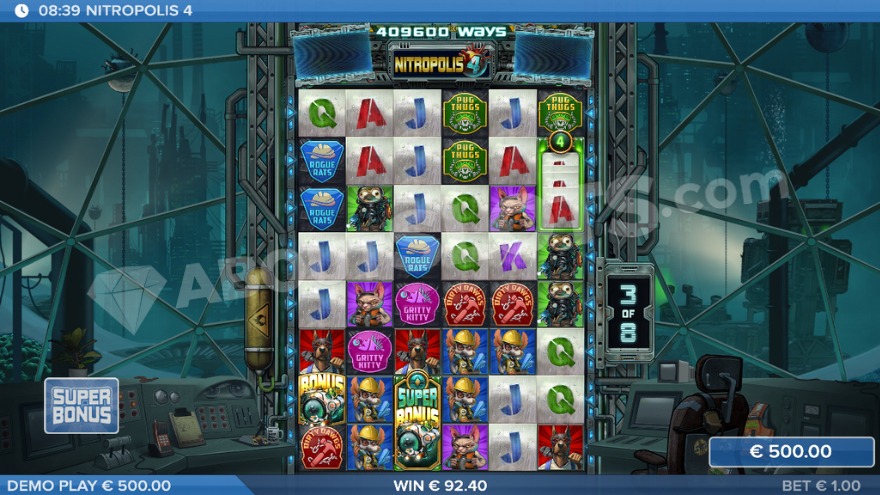 Super bonus game with maximum paylines activated in Nitropolis 4 slot.