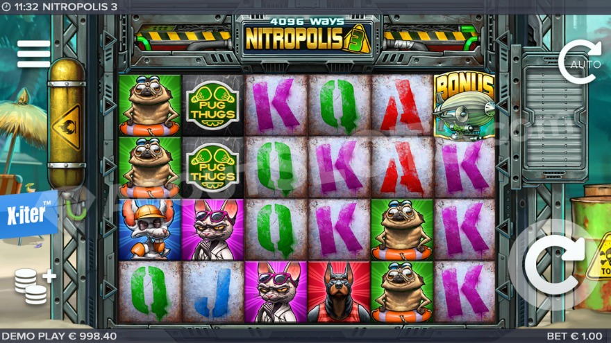 Nitropolis 3 slot game interface showing sunny beach background