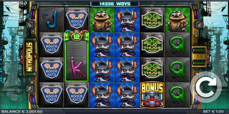 Nitropolis slot bonus feature activation showing Nitro reels and multiple paylines