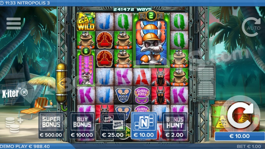 Nitropolis 3 slot bonus game screen showing multiple features