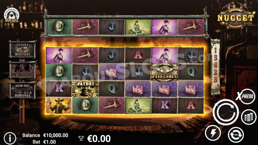Main game interface showing a Wild West saloon backdrop with game reels and features.