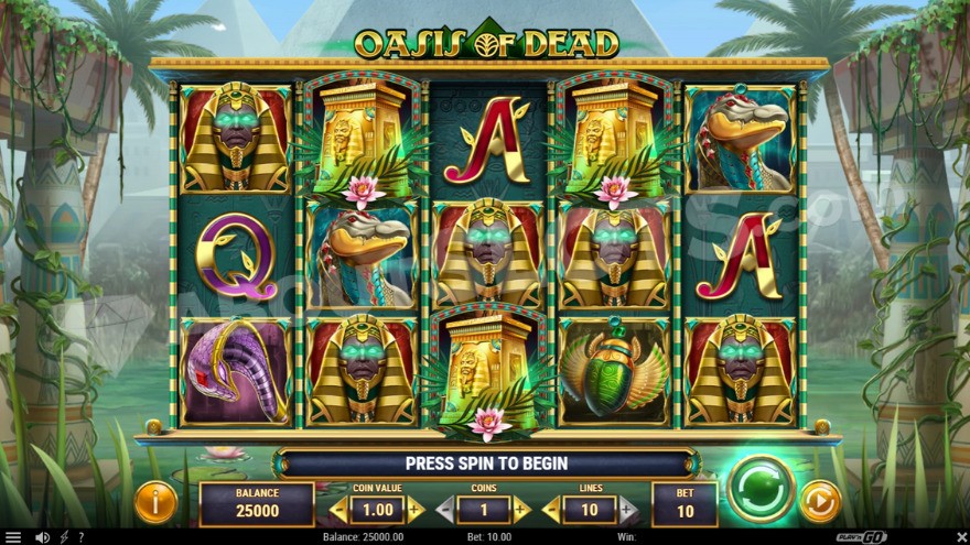 Base game with green oasis in the background of the slot.