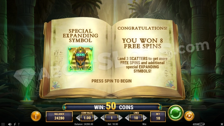 Bonus game introduction screen showing the pharaoh as a special expanding symbol.