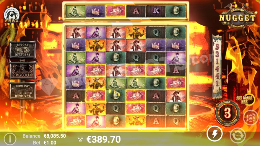 Free spins feature with Gold Rush activated showing increased potential for high-value symbols.