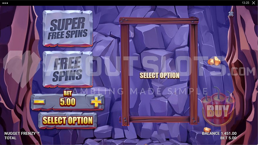 Menu where players can purchase Free Spins and Super Free Spins