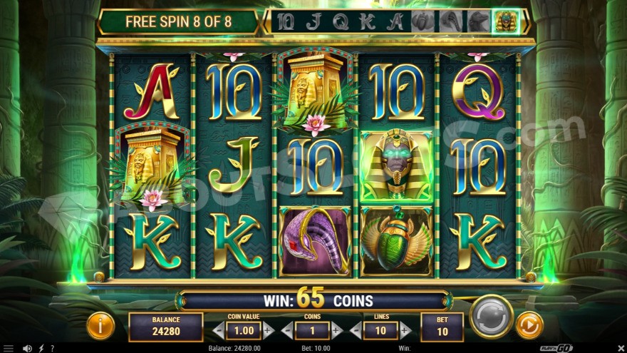 Bonus game with free spins showing one special expanding symbol above the reels.