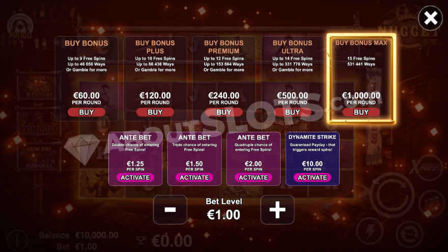 Feature Buy menu displaying nine options with different stake multipliers and potential rewards.