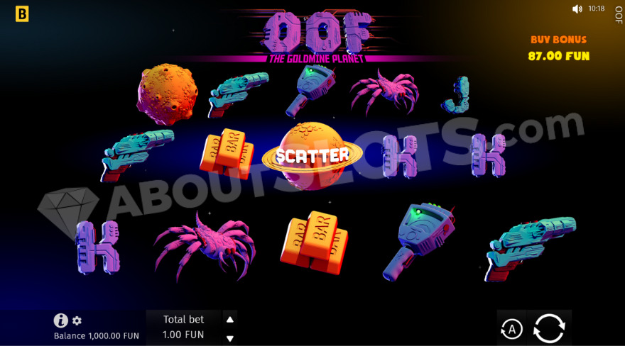 Base game with scatter symbol on the middle reel of OOF The Goldmine Planet slot.