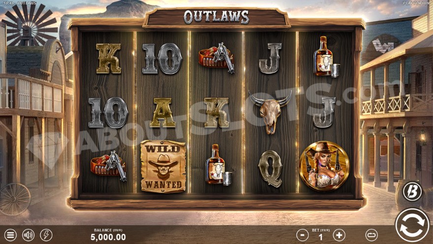 Base game of Outlaws slot with a western town in the background.