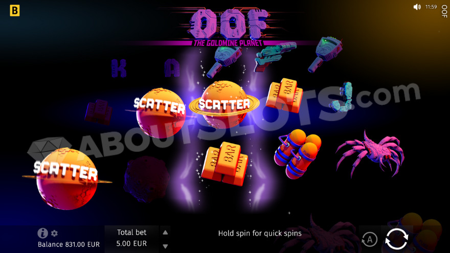 Free spins activation with three scatter symbols on the reels in OOF The Goldmine Planet slot.