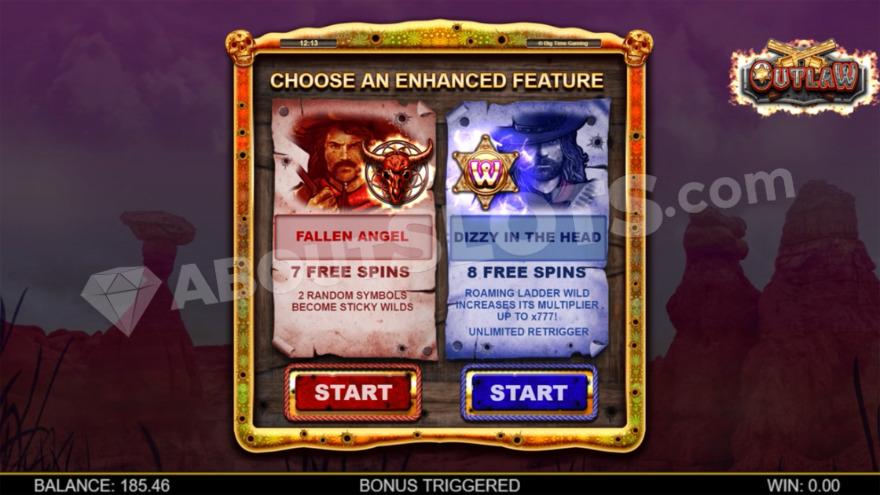 Outlaw slot full reel wild symbols showing the bandit and sheriff characters