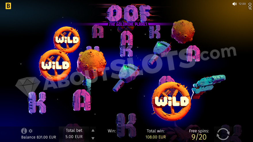 Bonus game with free spins featuring three wild symbols on the reels in OOF The Goldmine Planet slot.