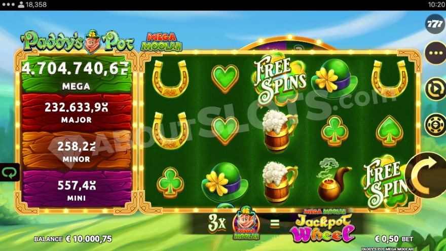 Base game with Mega Moolah jackpots displayed on the left side of the reels