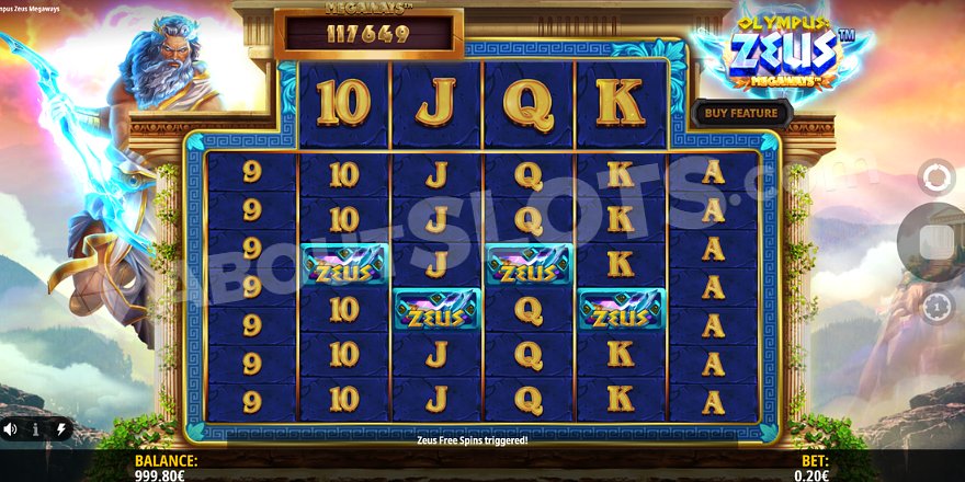 Four Zeus Scatter symbols activating free spins.