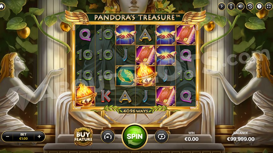 Ancient Greek-themed slot machine with Pandora's statue and gold-framed reels.
