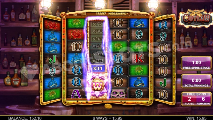 Outlaw slot Vertigo free spins feature with multiplier ladder