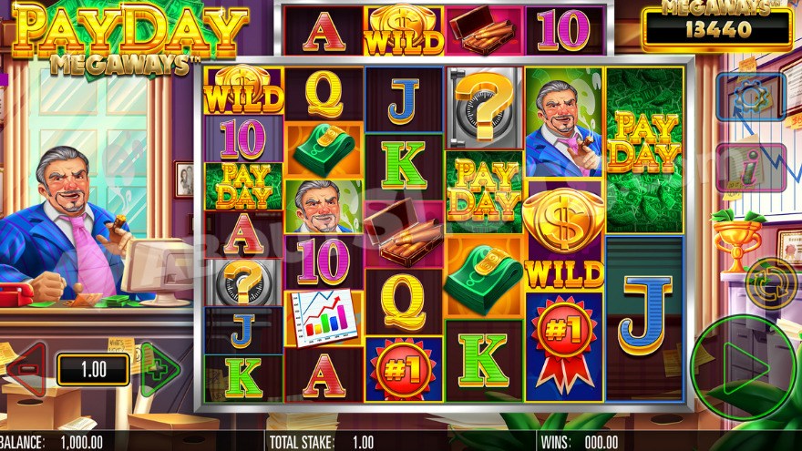 Payday Megaways slot main screen with business theme