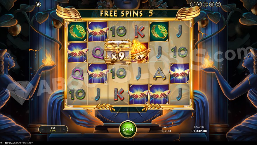 Pandora's Treasure slot game showing special features activation screen with golden elements.