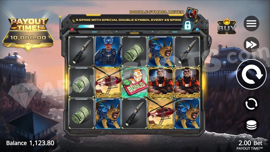 Payout Time slot display showing prison island view.