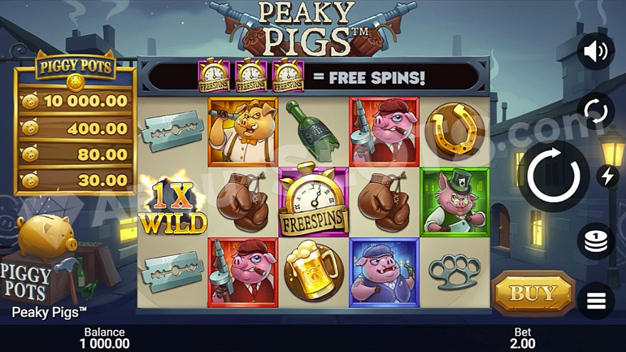 Peaky Pigs slot main game screen showing gangster pig characters