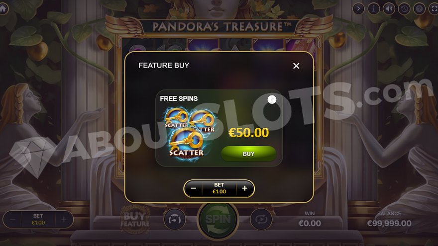 Free spins feature in Pandora's Treasure slot with multipliers and special symbols displayed.