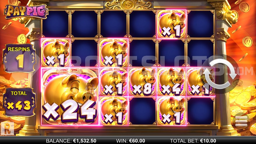 Pay Pig slot bonus game with enlarged pig symbols on the reels