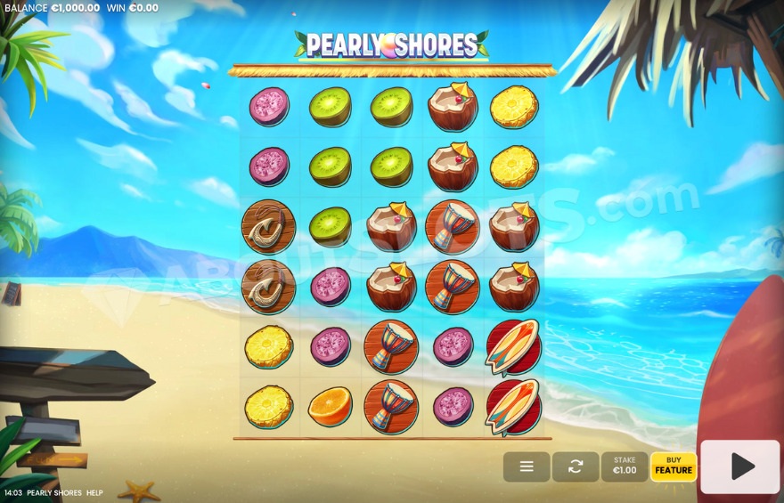 Base game with beach background in Pearly Shores slot
