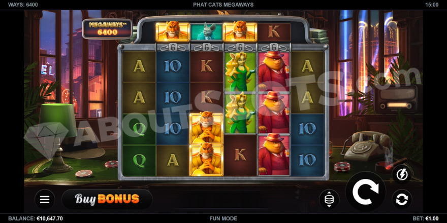 Phat Cats Megaways slot main screen showing the game grid with office background