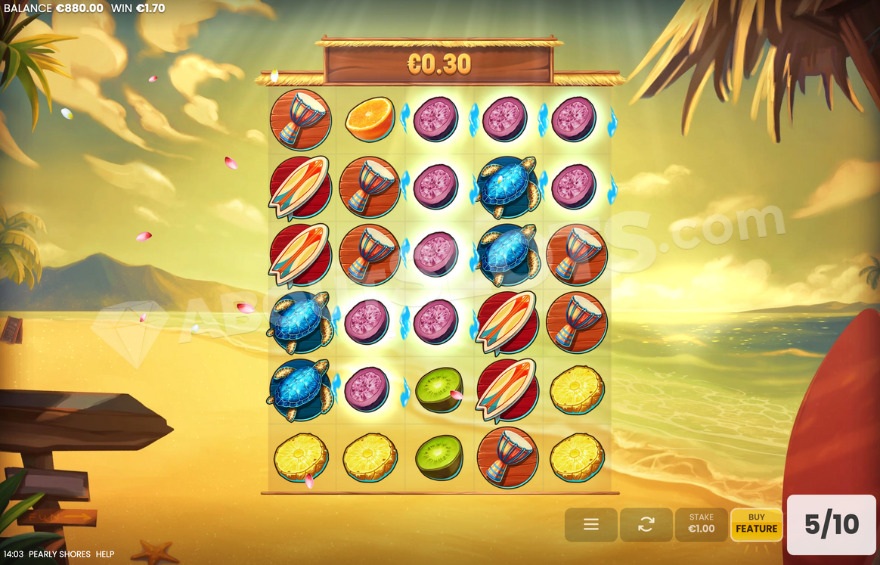 Bonus game with scenic sunset background in Pearly Shores slot