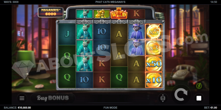 Phat Cats Megaways gameplay showing wild symbols and special features