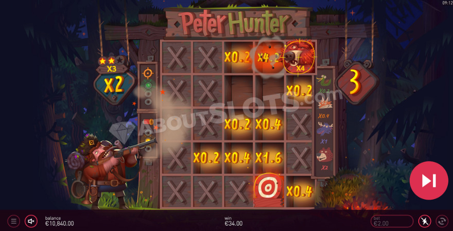Bonus game with free spins showing Peter shooting at a bear symbol.