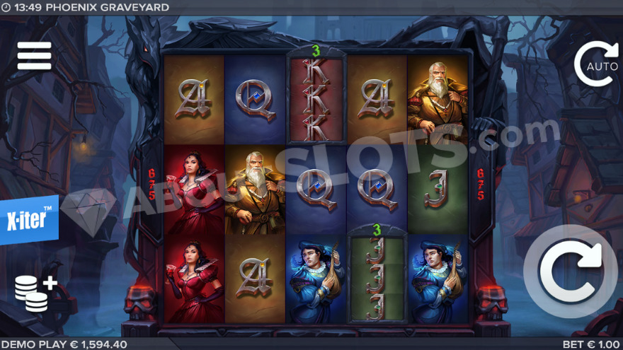Phoenix Graveyard slot main game screen showing the dark cemetery setting