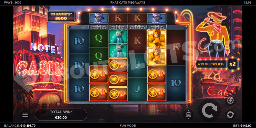 Phat Cats Megaways free spins feature showing multipliers and mystery symbols