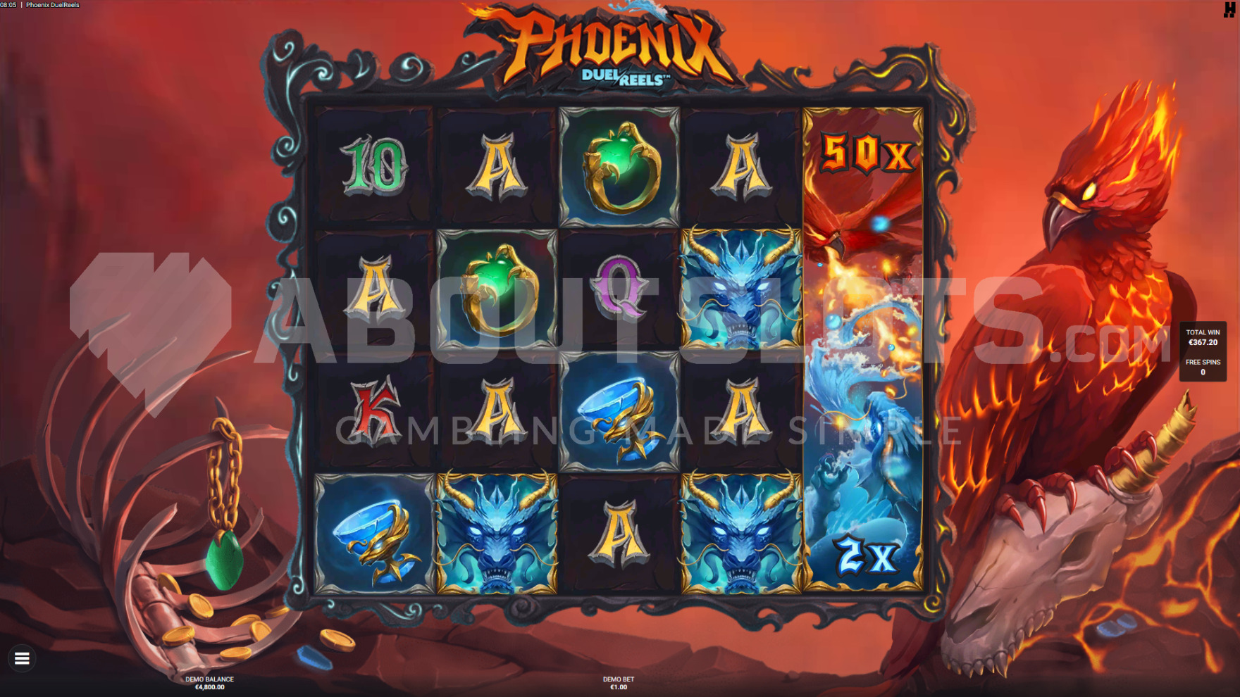 Phoenix sitting to the right of the game field, on the Water Dragon's skeleton