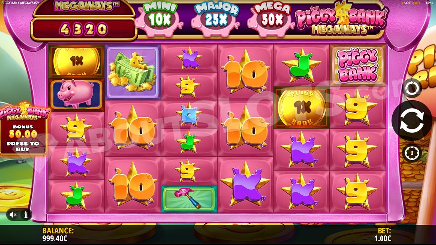 Piggy Bank Megaways slot game main screen with pink frame and reels