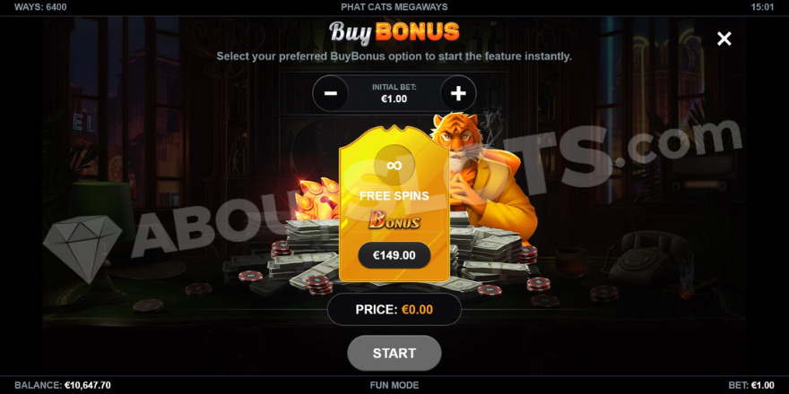 Phat Cats Megaways bonus buy feature interface showing purchase options