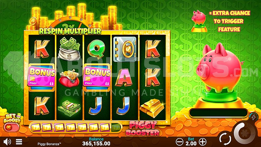 Piggy Bonanza slot game with a piggy bank character next to the reels