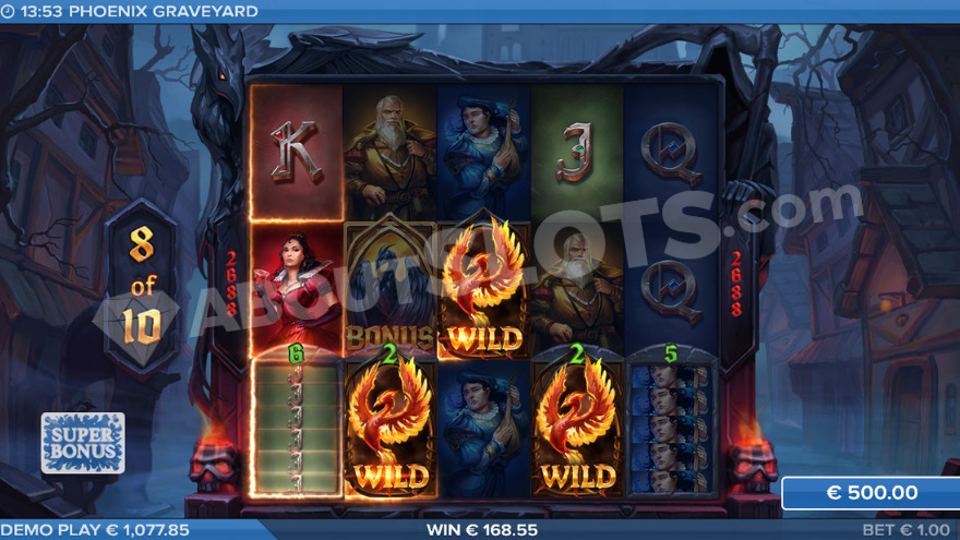 Phoenix Graveyard slot free spins feature showing Phoenix and Reaper battle
