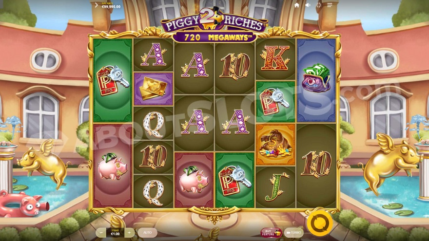Base game with golden pig statues on both sides of the reels