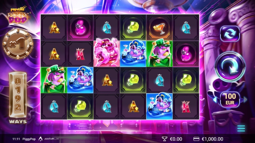 PiggyPop slot main game screen showing neon-themed pig symbols