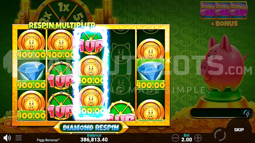 Piggy Bonanza slot diamond respin feature with cash values displayed